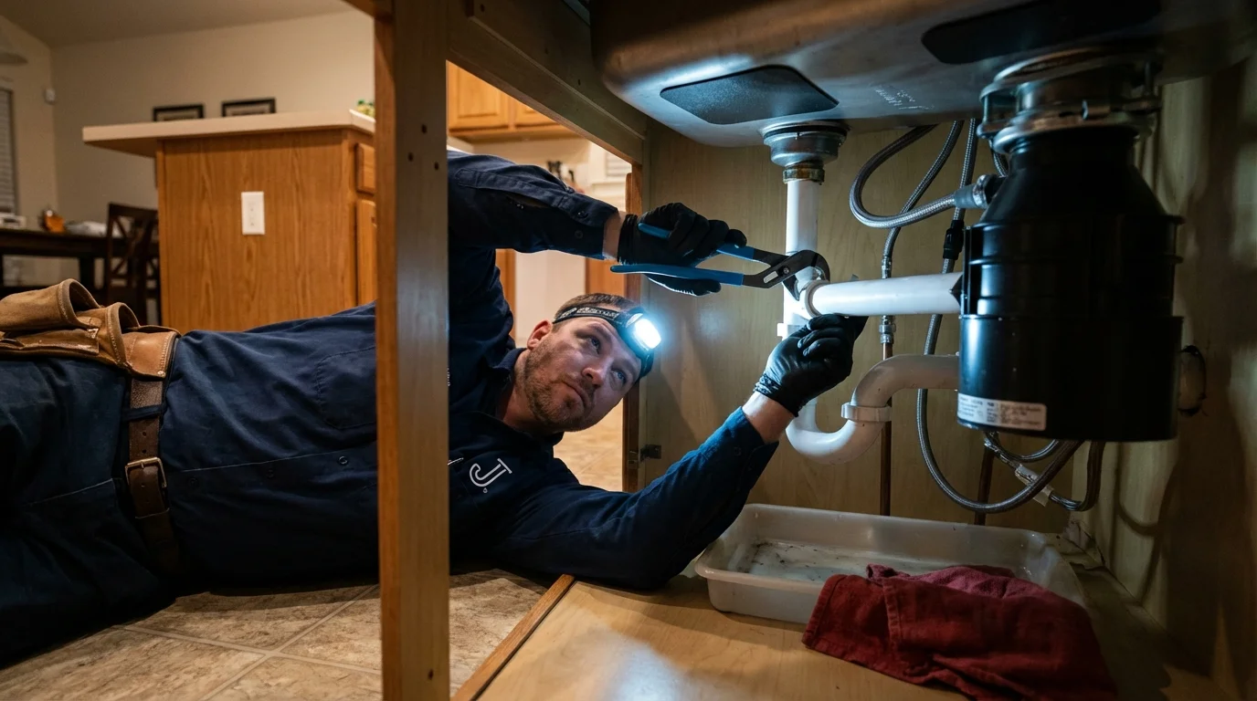 P-trap and supply line connections under a kitchen sink showing a common leak point in Blythewood, SC
